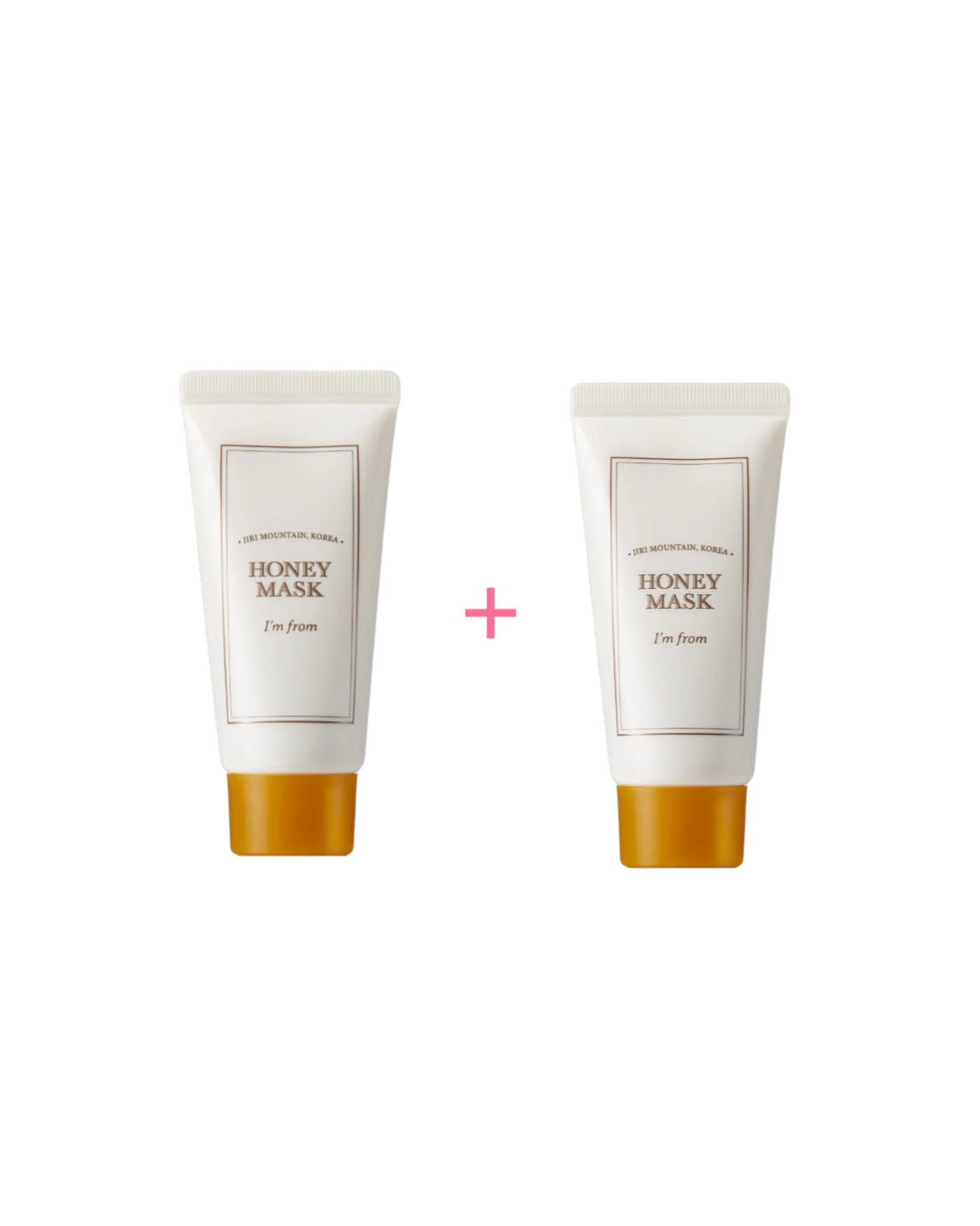 Two tubes of honey mask with a plus sign between them on a white background