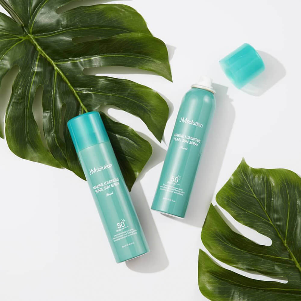 JM Solution spray — for all skin types — with pearl and marine extracts. Glow and sun protection