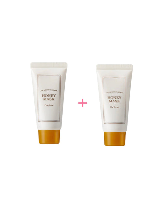 Two tubes of honey mask with a plus sign between them on a white background
