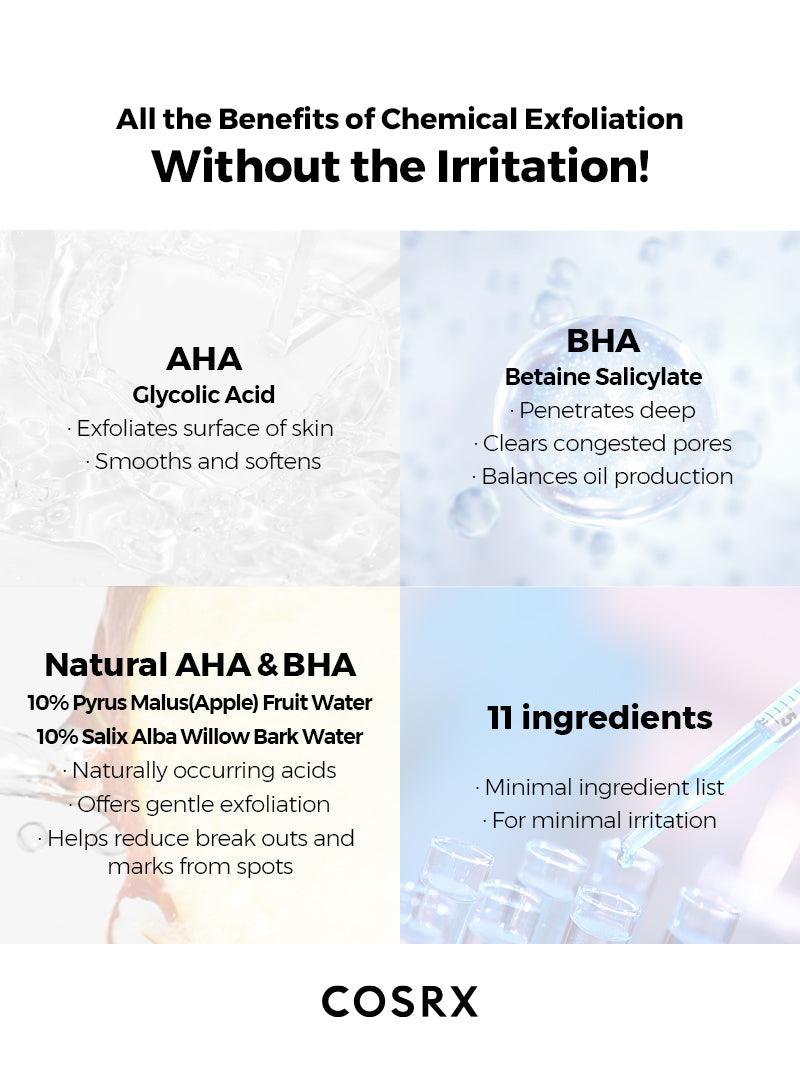 AHA/BHA Clarifying Treatment Toner 150 ml Belgrade Novi Sad Serbia Korean cosmetic корейская косметика Белград Сербия Нови Сад Benefits of AHA &amp; BHA for Clear Skin!&nbsp; The formulation of AHA+BHA+Purifying Botanical ingredients help to improve skin texture, increase vitality, and control pores. Eliminate impurities, exfoliate, and hydrate all in one step.  Benefits  • Exfoliate surface of skin • Smoothe and softens • Clear congested pores • Balance oil production COSRX