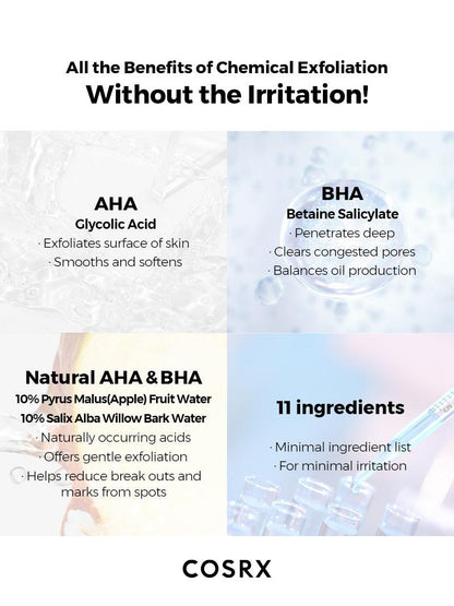 AHA/BHA Clarifying Treatment Toner 150 ml Belgrade Novi Sad Serbia Korean cosmetic корейская косметика Белград Сербия Нови Сад Benefits of AHA &amp; BHA for Clear Skin!&nbsp; The formulation of AHA+BHA+Purifying Botanical ingredients help to improve skin texture, increase vitality, and control pores. Eliminate impurities, exfoliate, and hydrate all in one step.  Benefits  • Exfoliate surface of skin • Smoothe and softens • Clear congested pores • Balance oil production COSRX