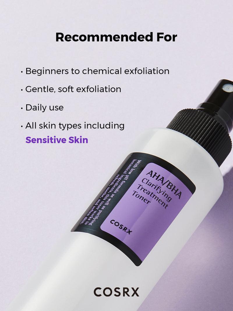 AHA/BHA Clarifying Treatment Toner 150 ml Belgrade Novi Sad Serbia Korean cosmetic корейская косметика Белград Сербия Нови Сад Benefits of AHA &amp; BHA for Clear Skin!&nbsp; The formulation of AHA+BHA+Purifying Botanical ingredients help to improve skin texture, increase vitality, and control pores. Eliminate impurities, exfoliate, and hydrate all in one step.  Benefits  • Exfoliate surface of skin • Smoothe and softens • Clear congested pores • Balance oil production COSRX